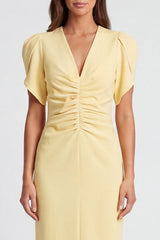 Light Yellow Ruched Bodycon Midi Work Dress with Short Sleeves