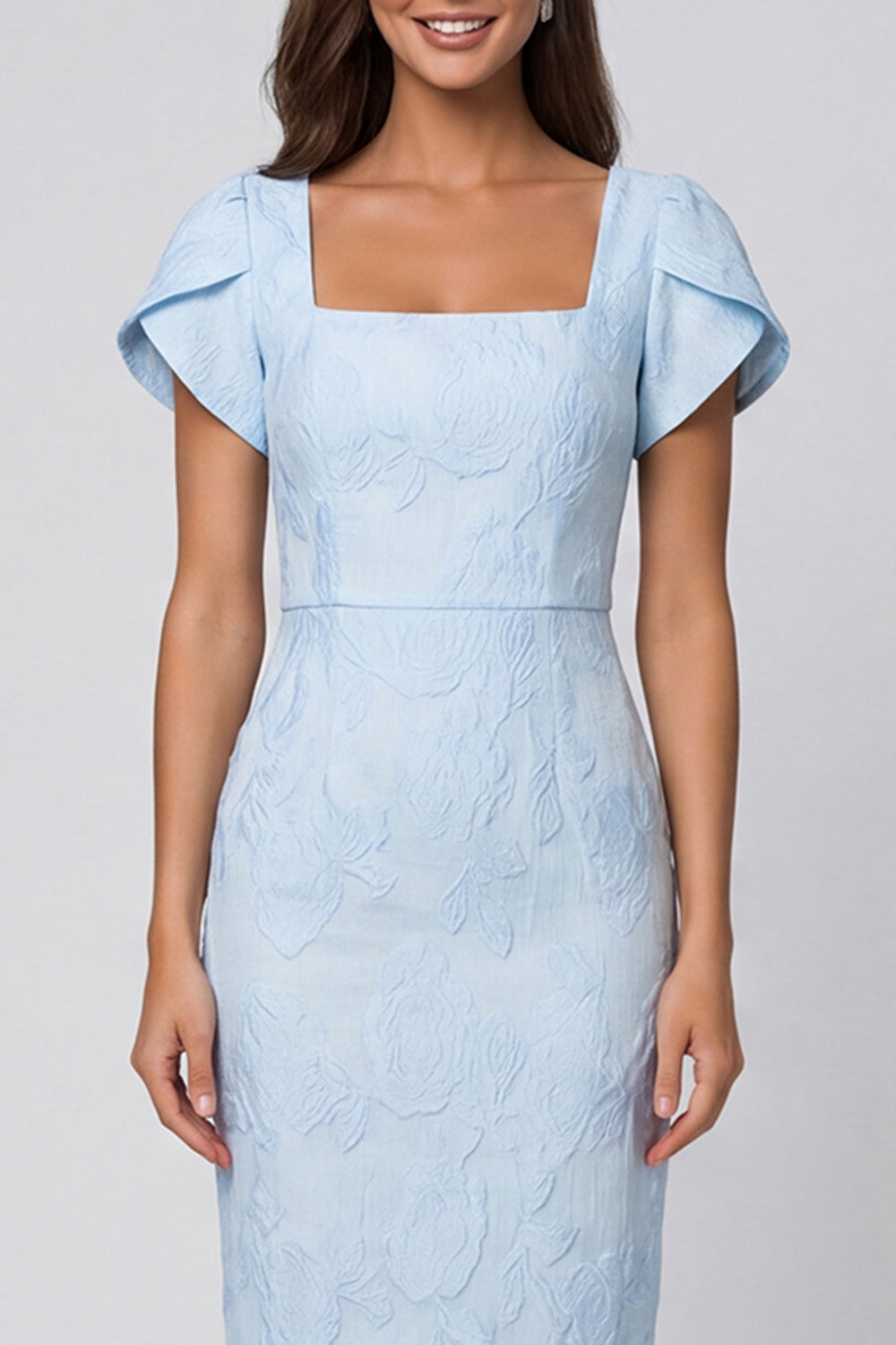 Sky Blue Floral Bodycon Square Neck Midi Work Dress with Slit