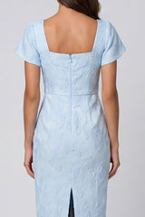 Sky Blue Floral Bodycon Square Neck Midi Work Dress with Slit