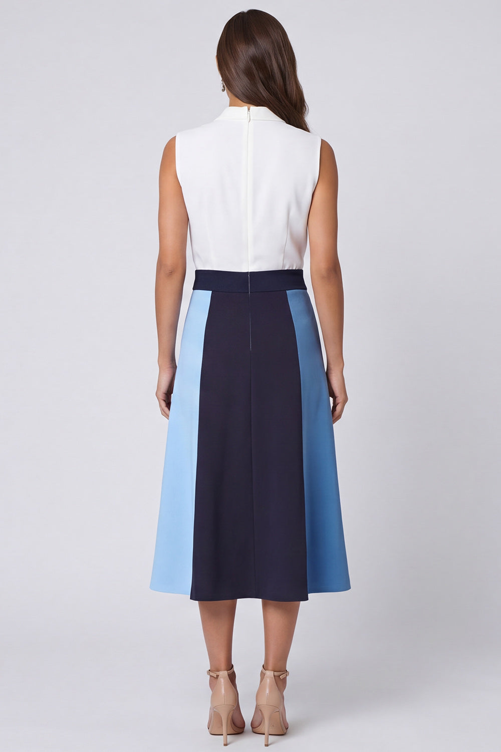 Colorblock A Line Ivory and Blue Midi Work Dress