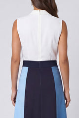 Colorblock A Line Ivory and Blue Midi Work Dress