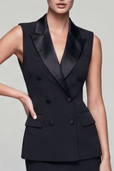 2 Piece Peaked Lapel Black Bodycon Mini Work Dress
