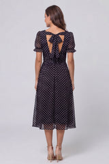 Black and White Polka Dot A Line Midi Work Dress with Short Sleeves