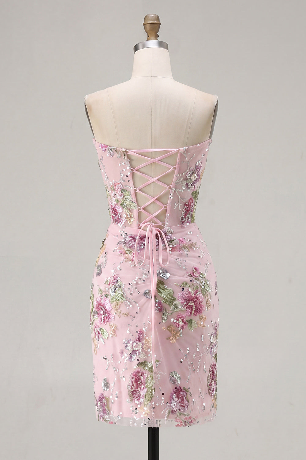 Strapless Floral Pink Sequin Corset Mini Homecoming Dress
