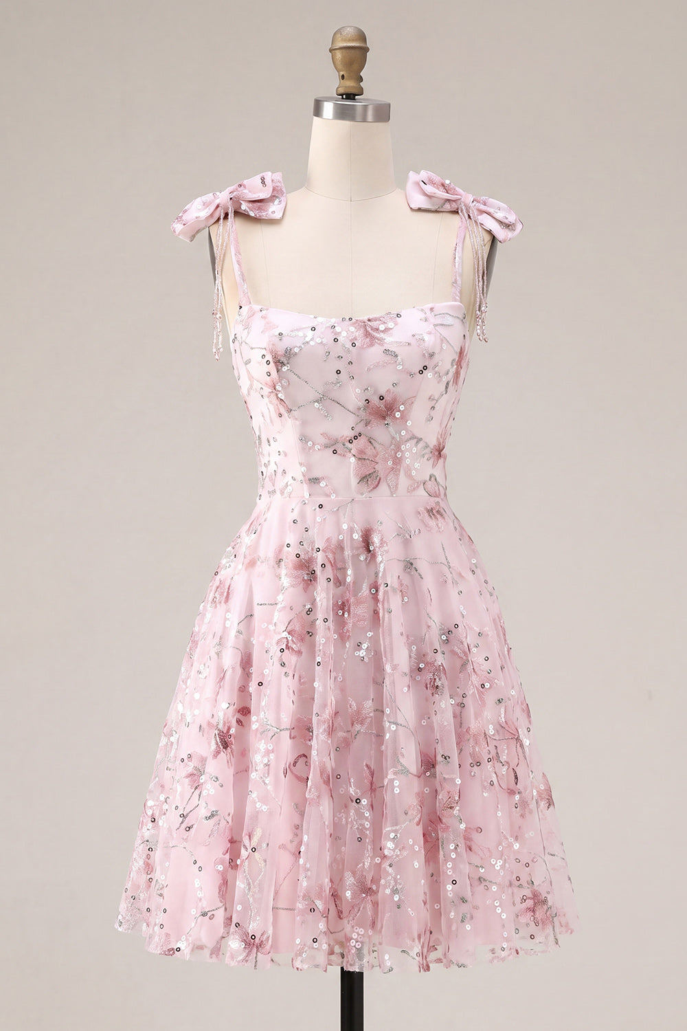 Floral Pink Sequin A Line Corset Homecoming Dress with Bows