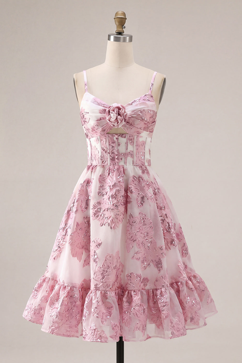 Pink 3D Flower Corset Cut Out A Line Homecoming Dress