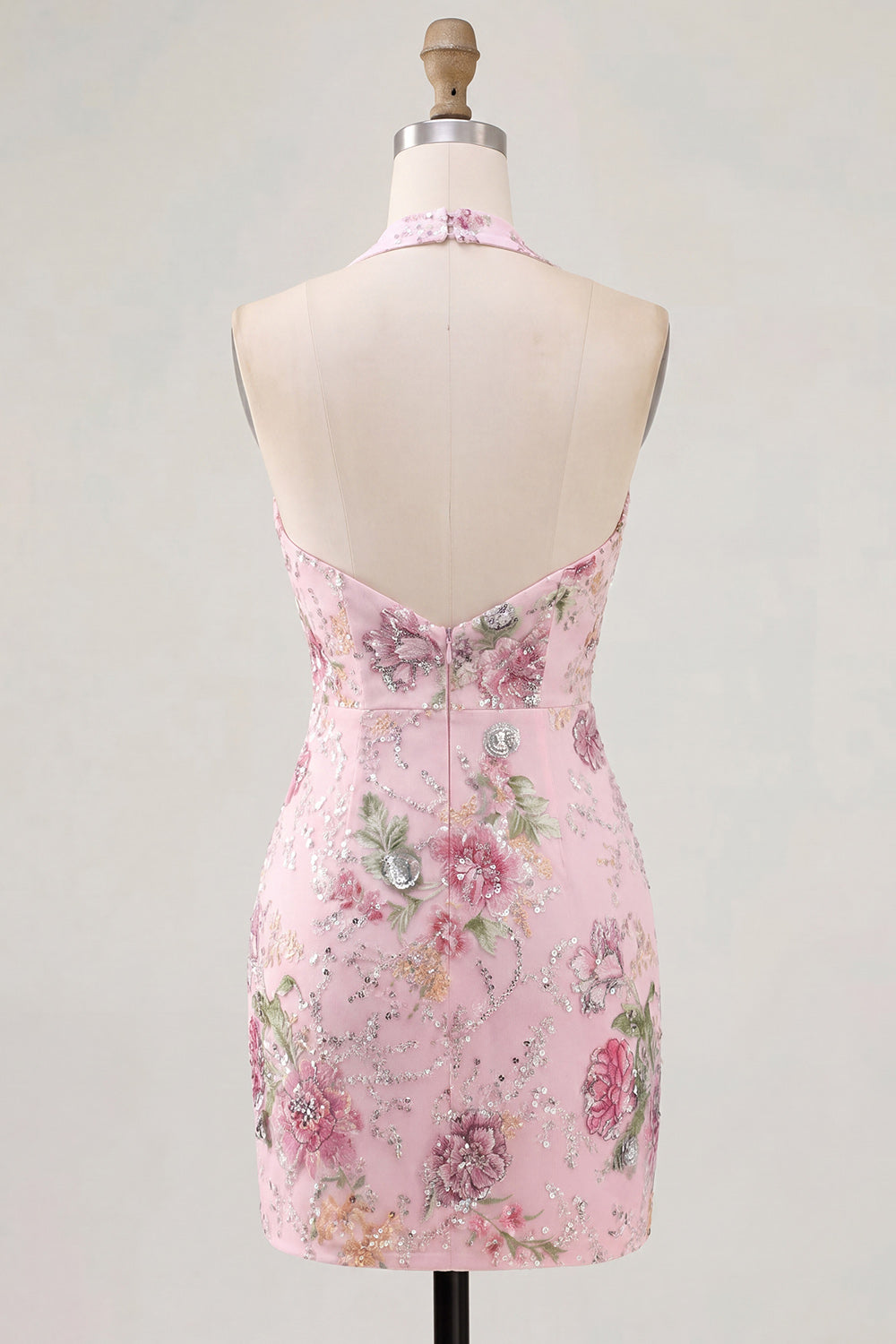 Halter Floral Pink Sequin Bodycon Mini Homecoming Dress