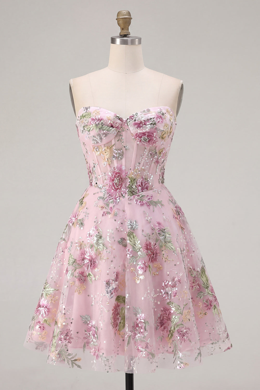 Strapless Sequin Floral Pink Corset A Line Homecoming Dress