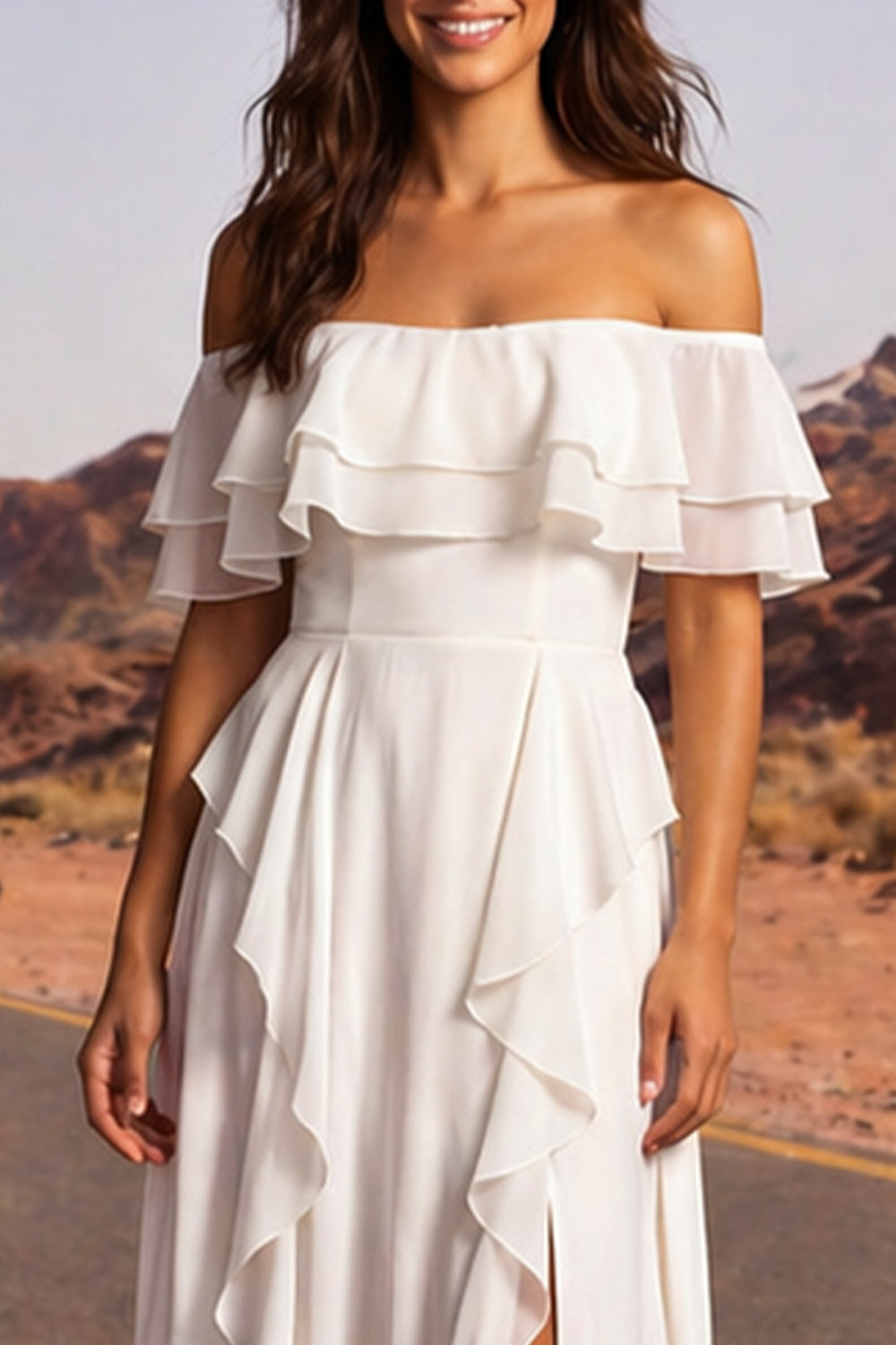 Off the Shoulder Ivory A Line Ruffled Boho Wedding Dress with Slit