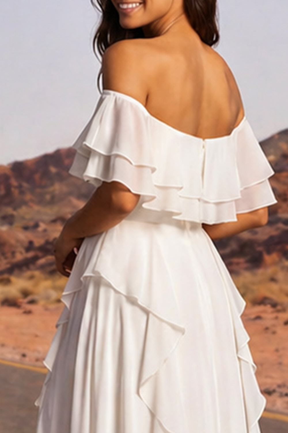 Off the Shoulder Ivory A Line Ruffled Boho Wedding Dress with Slit