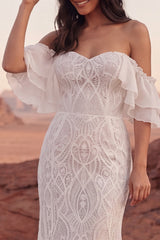 Ivory Off the Shoulder Mermaid Lace Ruffled Boho Wedding Dress