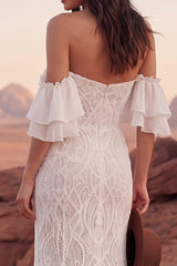 Ivory Off the Shoulder Mermaid Lace Ruffled Boho Wedding Dress