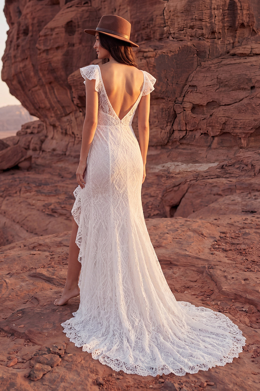 Ivory Mermaid Lace Maxi Boho Wedding Dress with Ruffles