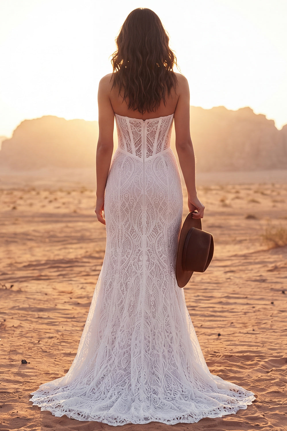 Ivory Strapless Mermaid Lace Corset Boho Wedding Dress with Slit
