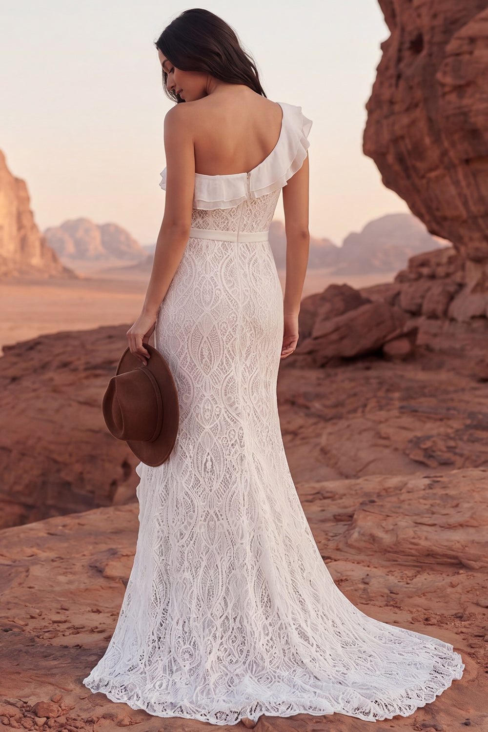 One Shoulder Ruffled Ivory Mermaid Lace Boho Wedding Dress