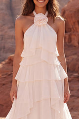 3D Flower Halter Ruffled Ivory Tiered Boho Wedding Dress