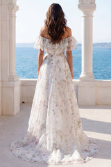Off the Shoulder Ruffled A Line Printed Ivory Maxi Wedding Dress