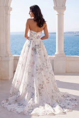 Strapless Printed Ruched A Line Ivory Maxi Wedding Dress
