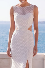 Ivory Mermaid Cut Out Boat Neck Lace Wedding Dress with Slit