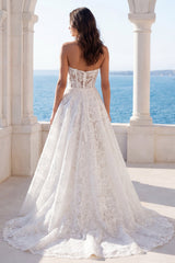 Ivory Strapless A Line Floral Wedding Dress