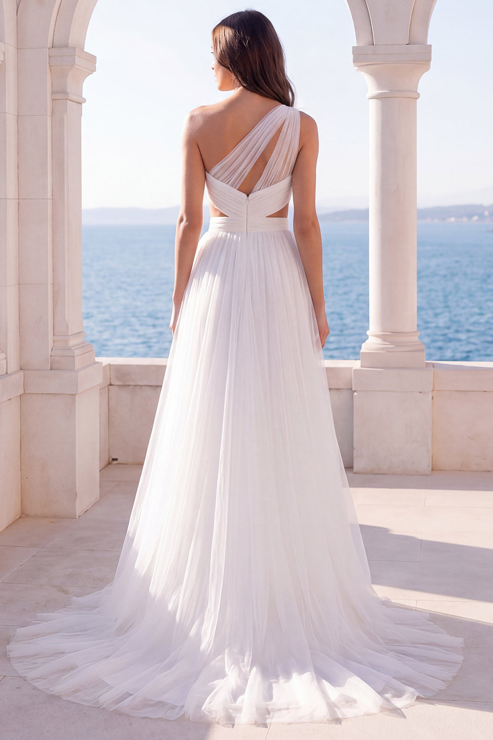 One Shoulder Ruched Pleated Cut Out Ivory Wedding Dress