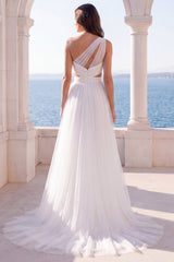 One Shoulder Ruched Pleated Cut Out Ivory Wedding Dress