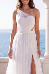 One Shoulder Ruched Pleated Cut Out Ivory Wedding Dress