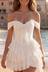 Off the Shoulder Tiered Corset Bowed Mini White Dress