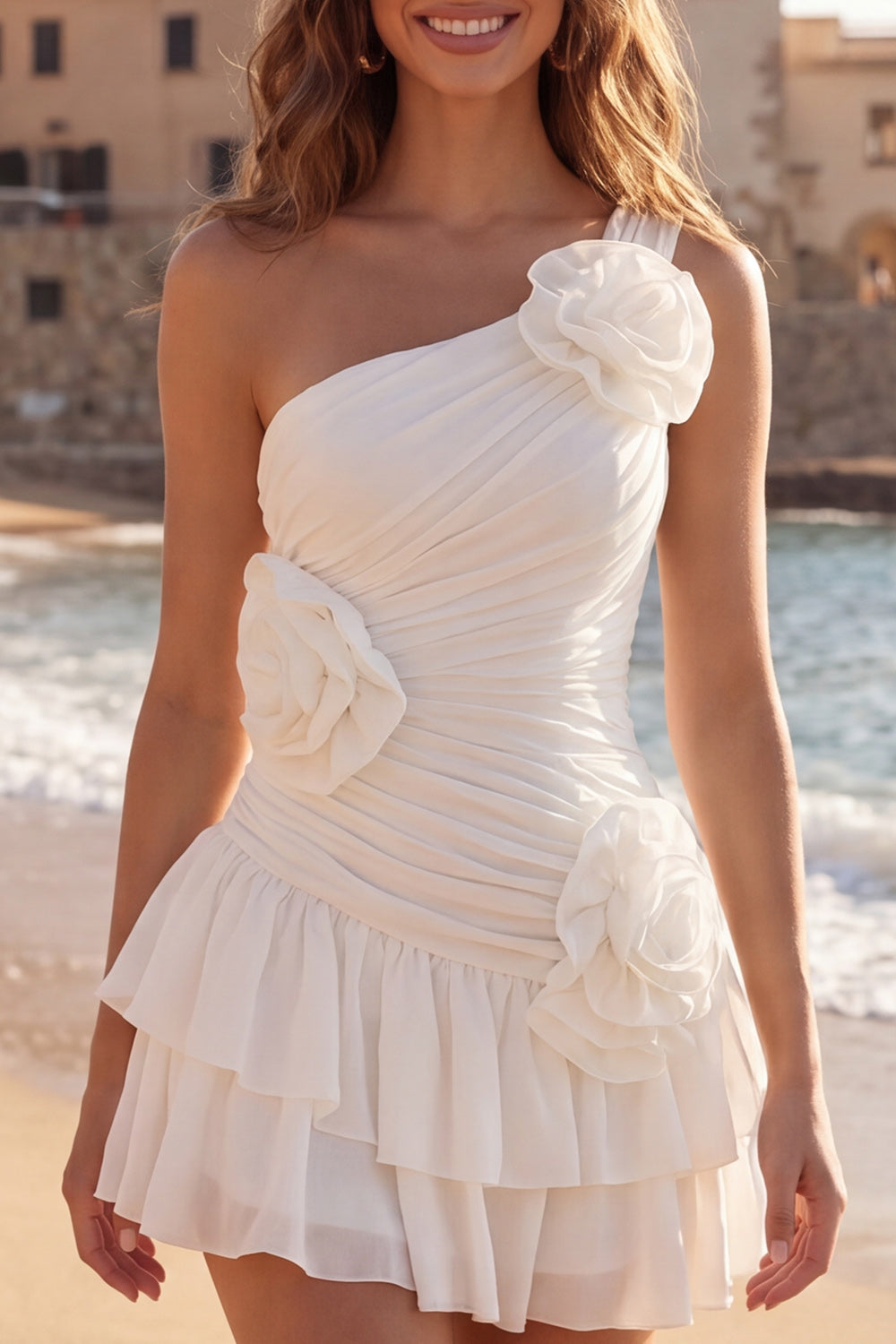 3D Flower One Shoulder Tiered Ruched Mini White Dress