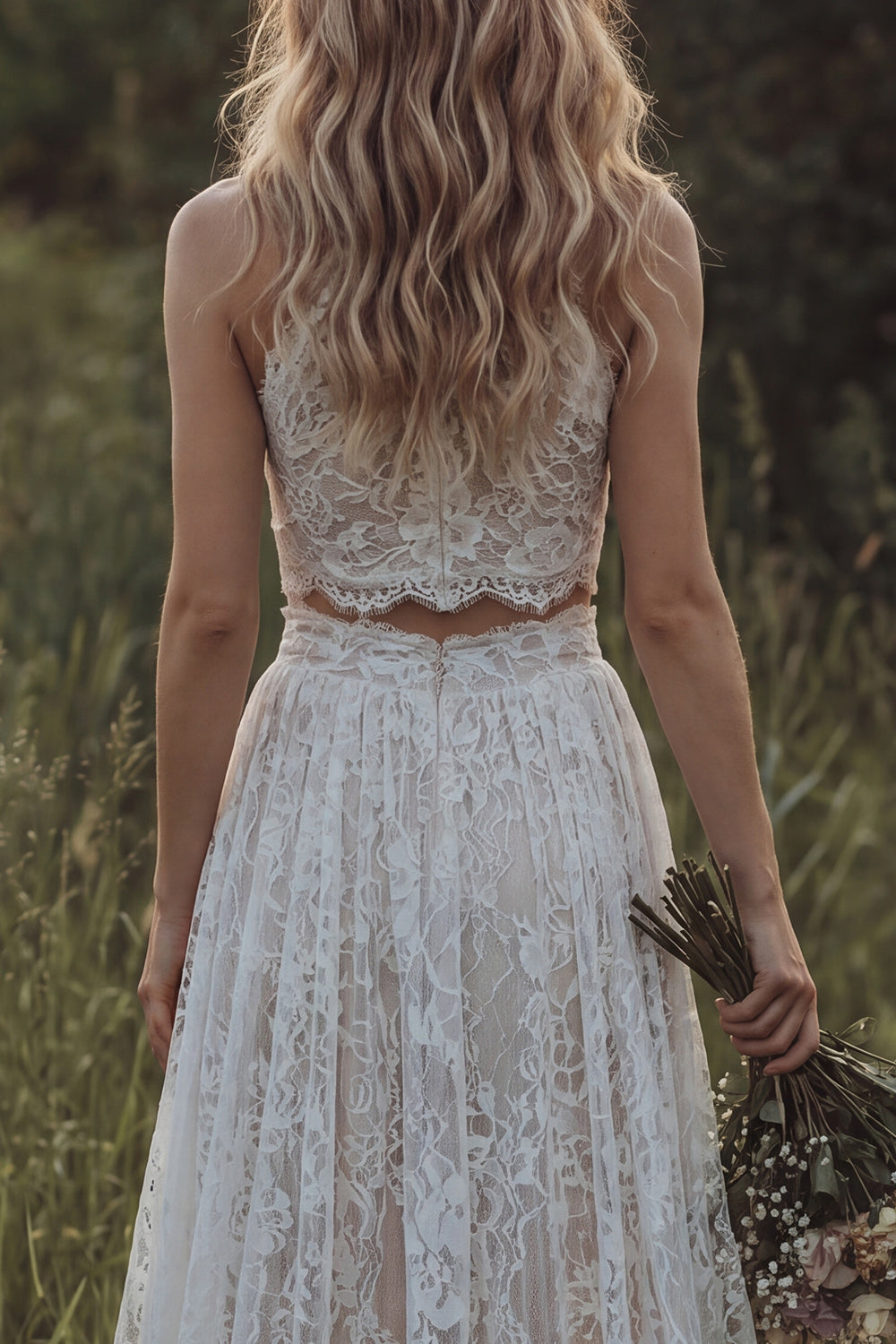 Halter Lace 2 Piece A Line Ivory Boho Wedding Dress