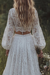 Lace 2 Piece Long Sleeve A Line Ivory Boho Wedding Dress