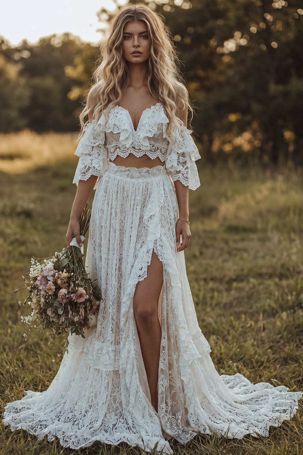 Off the Shoulder Lace 2 Piece A Line Ivory Boho Wedding Dress with Ruffles