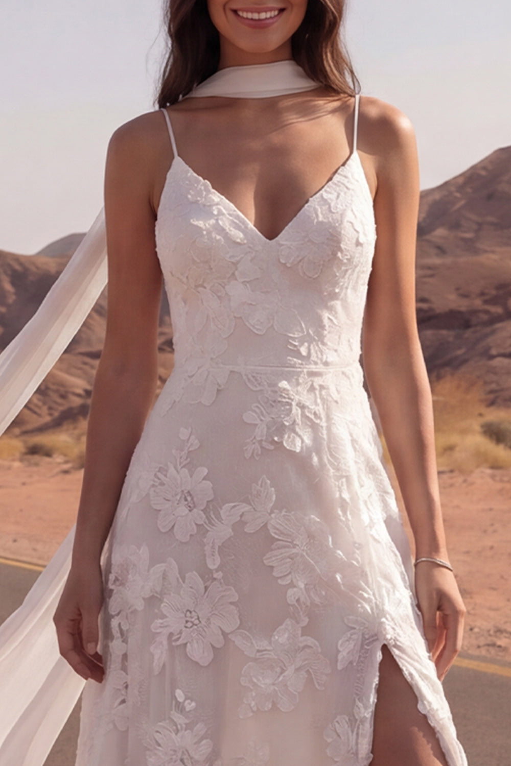 Appliqued A Line Ivory Boho Wedding Dress with Slit