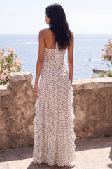 Halter White Black Ruffled Maxi Polka Dot Dress