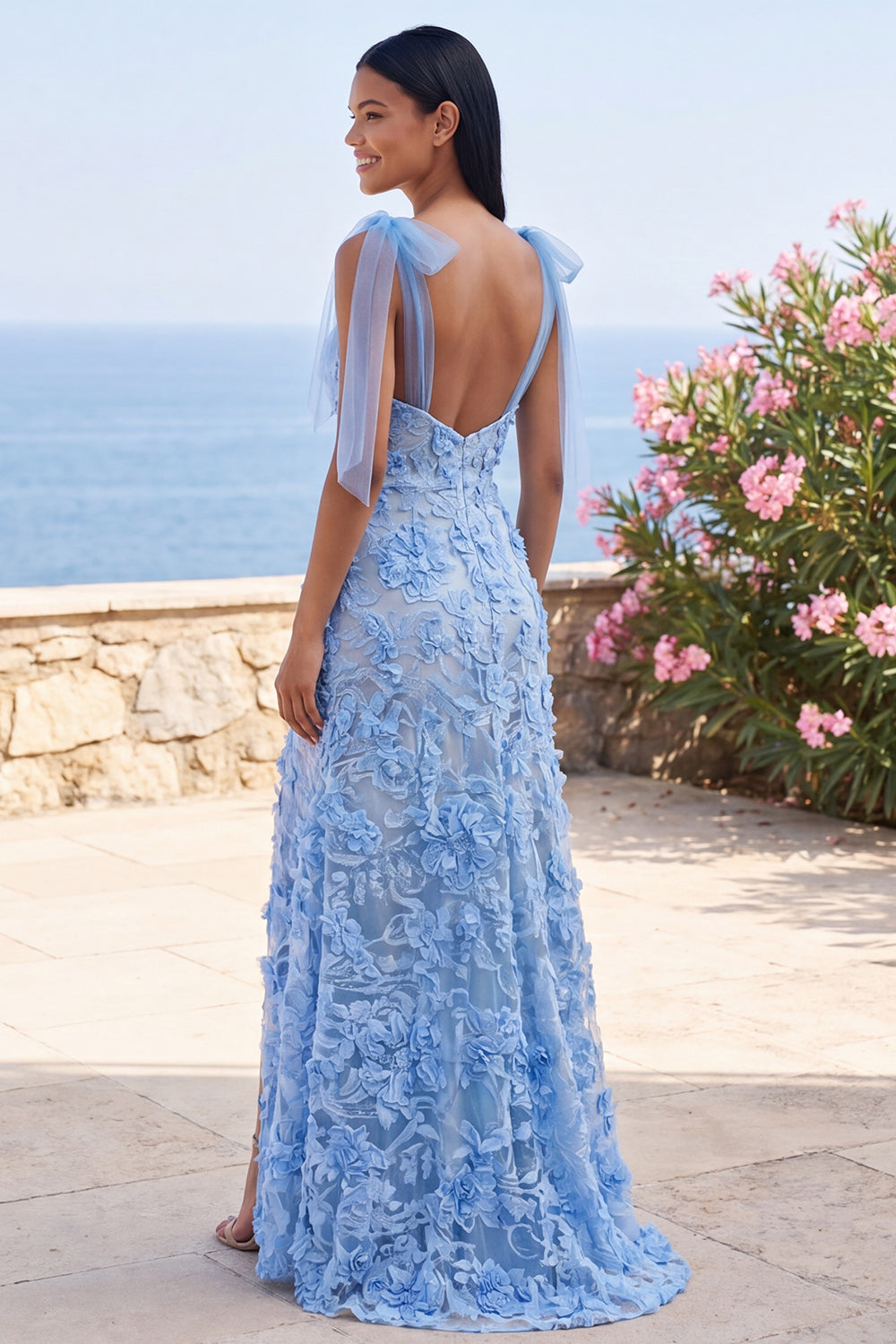 Floral Appliqued Blue Long Wedding Guest Dress with Slit