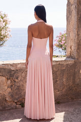 Halter Pink A Line Long Wedding Guest Dress
