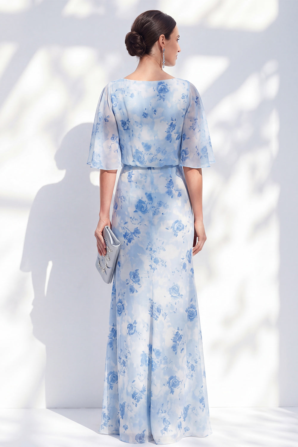 Blue Floral Ruched Mermaid Mother of the Bride Dress with Ruffles
