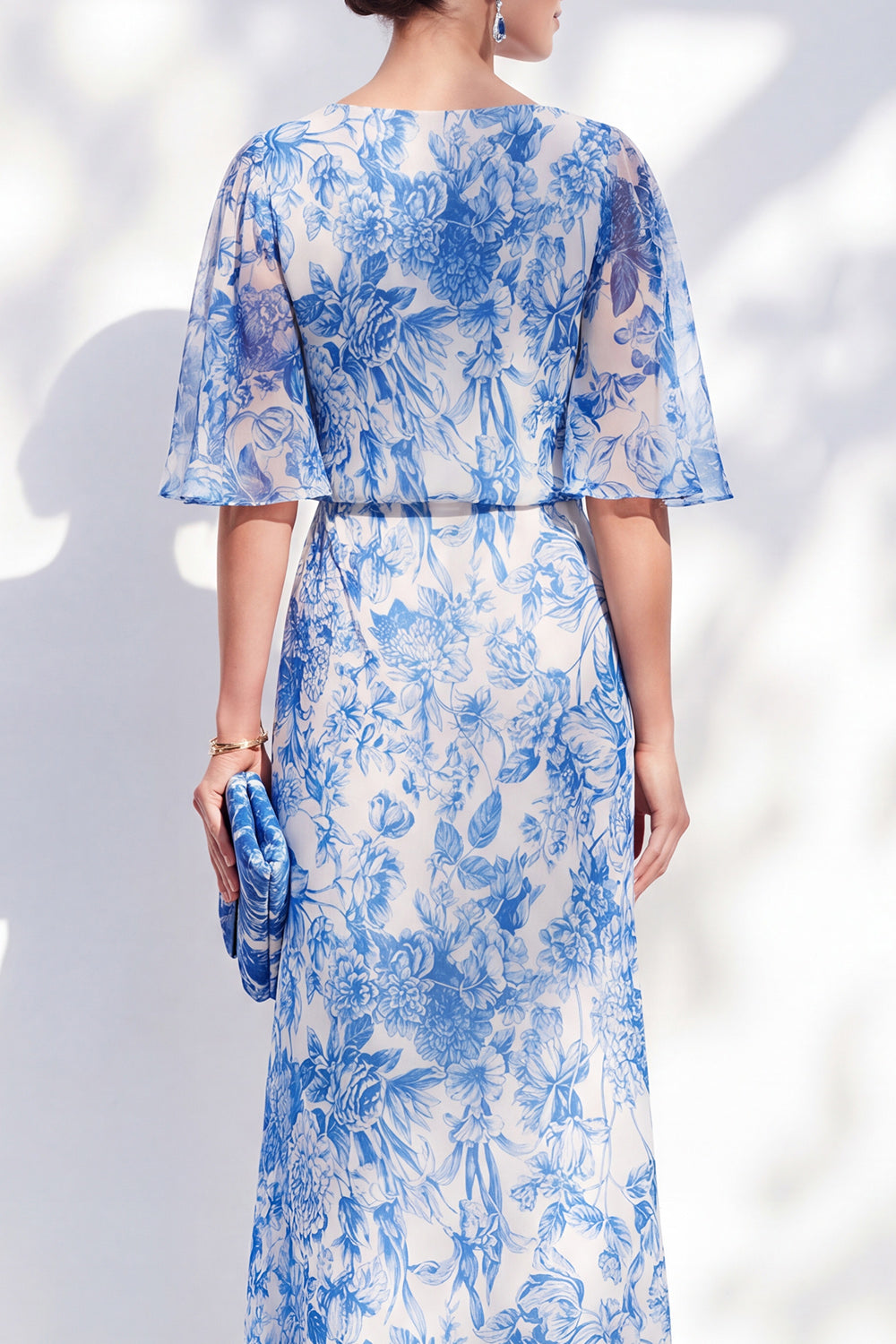 White Blue Floral Ruched Mermaid Half Sleeve Mother of the Bride Dress