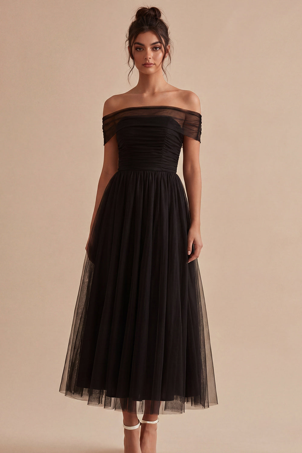 Off the Shoulder A Line Ruched Black Formal Dress