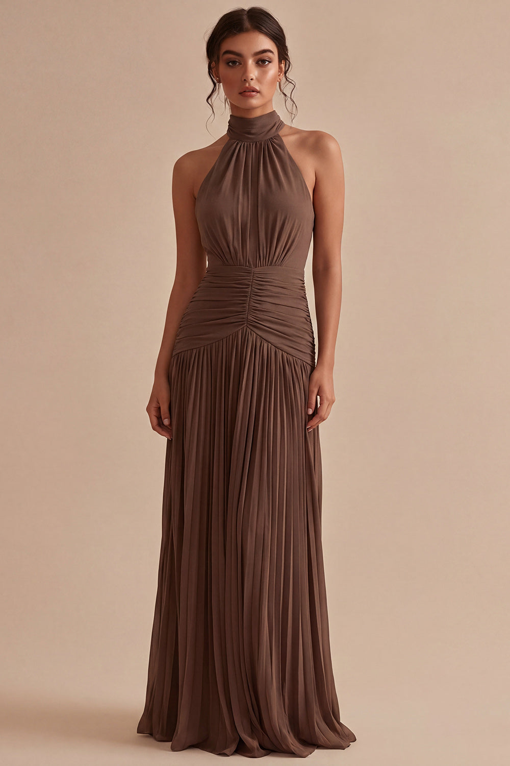 Halter Dark Coffee A Line Ruched Pleated Formal Dress