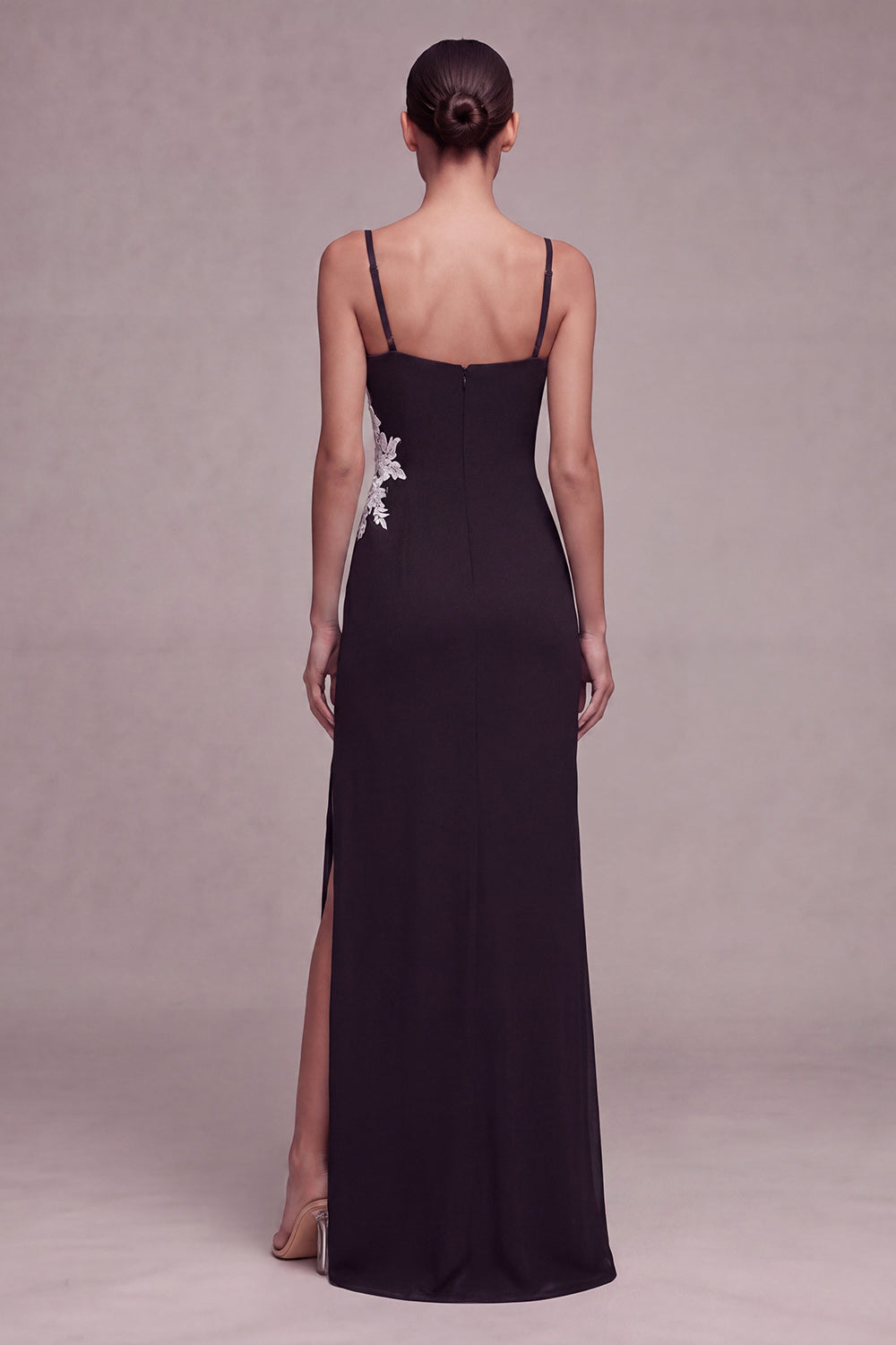 Black Ruched Appliqued Mermaid Maxi Formal Dress with Slit