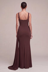 Mermaid Brown Ruched Chiffon Maxi Formal Dress with Side Cape