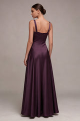 Square Neck Satin Purple A Line Maxi Formal Dress