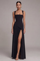 Black Pleated A Line Maxi Formal Dress with Slit