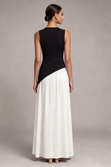 A Line Pleated ColorBlock Black and White Maxi Formal Dress with Slit