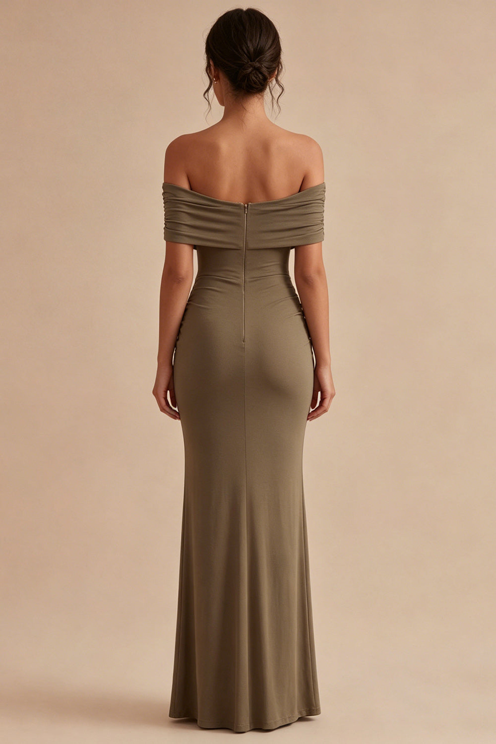 Khaki Off the Shoulder Ruched Mermaid Maxi Formal Dress