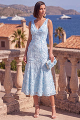V-Neck Blue A Line Appliqued Wedding Guest Dress