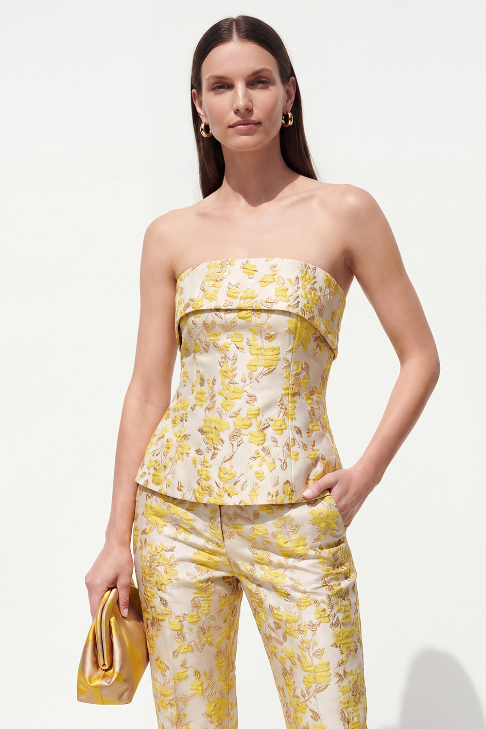 Strapless Yellow Floral 2 Piece Slim Fit Women Suits