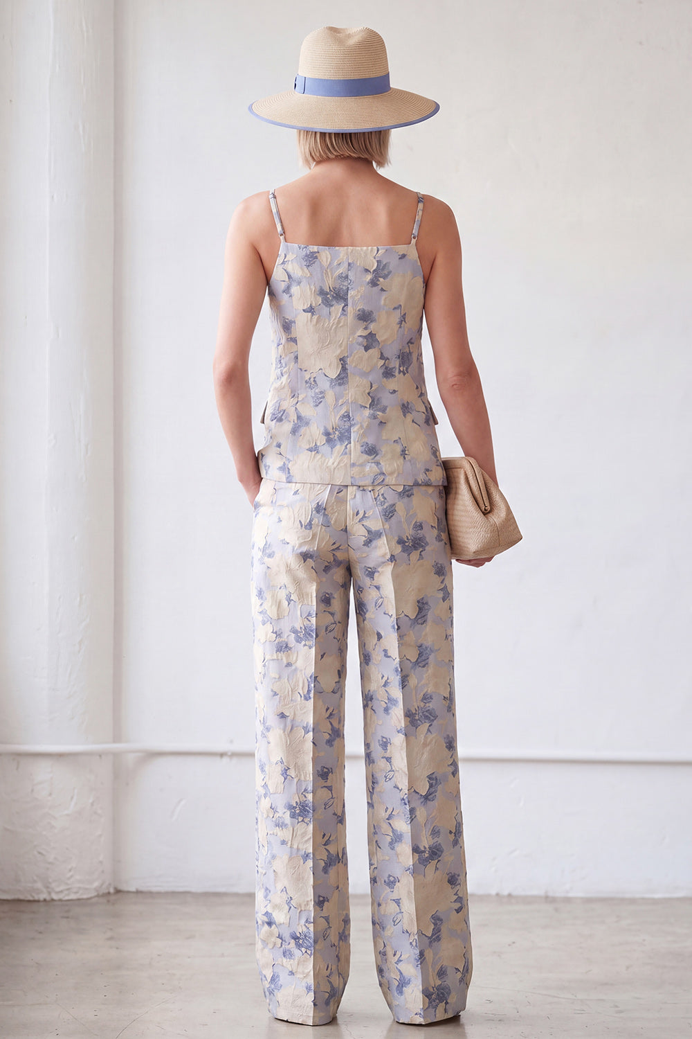 Spaghetti Straps Jacquard 2 Piece Blue Floral Women's Suits