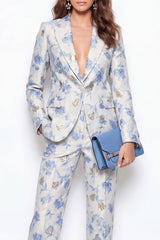 Peaked Lapel Blue Floral Jacquard 2 Piece Women's Suits